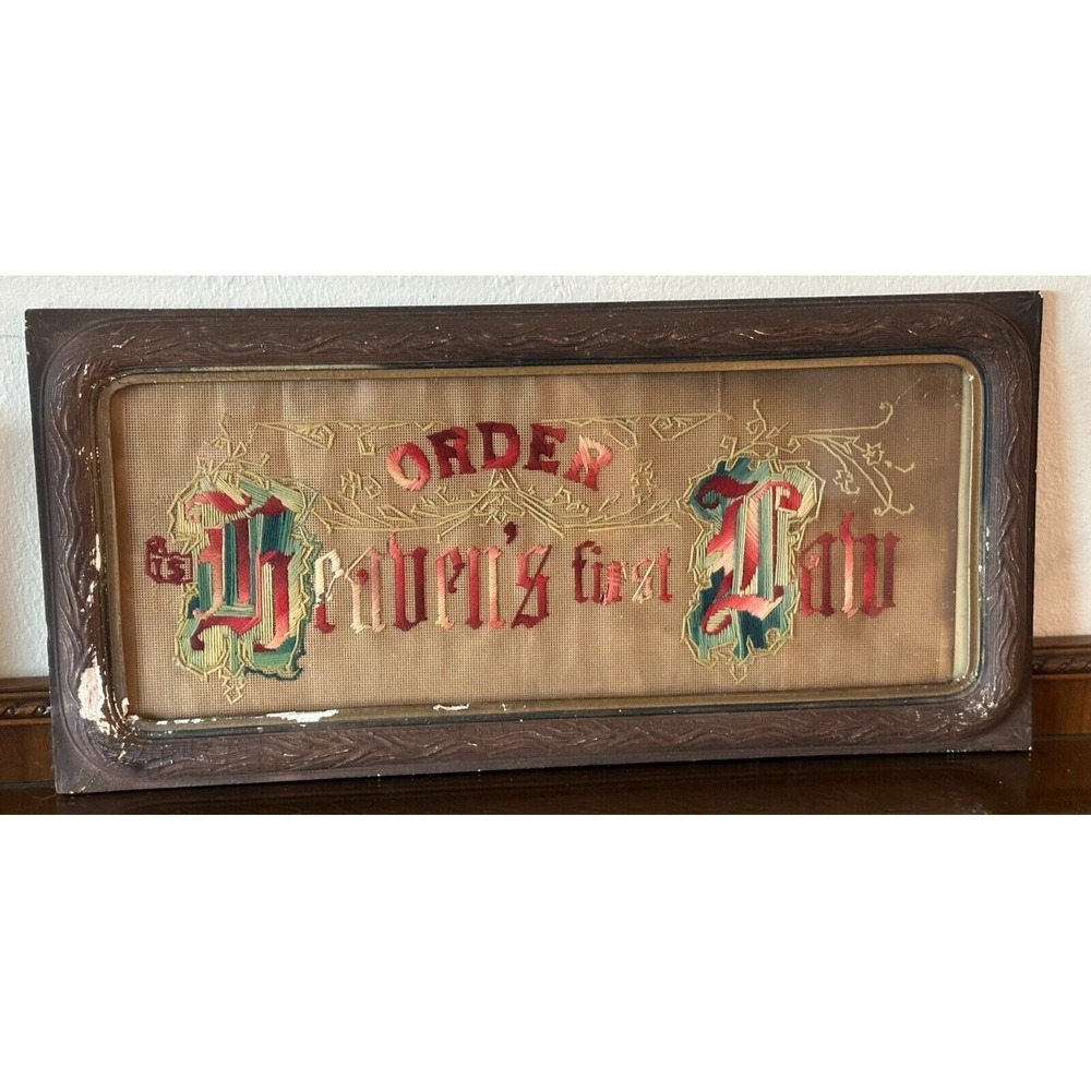 Antique Framed Religious Needlepoint Doxology Order is Heavens First Law 24x12''